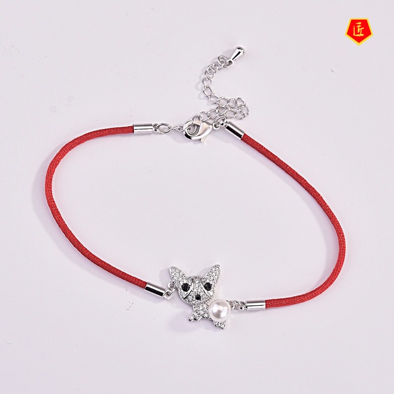 [Ready Stock]Cartoon Puppy Rhinestone Pearl Red Rope Bracelet