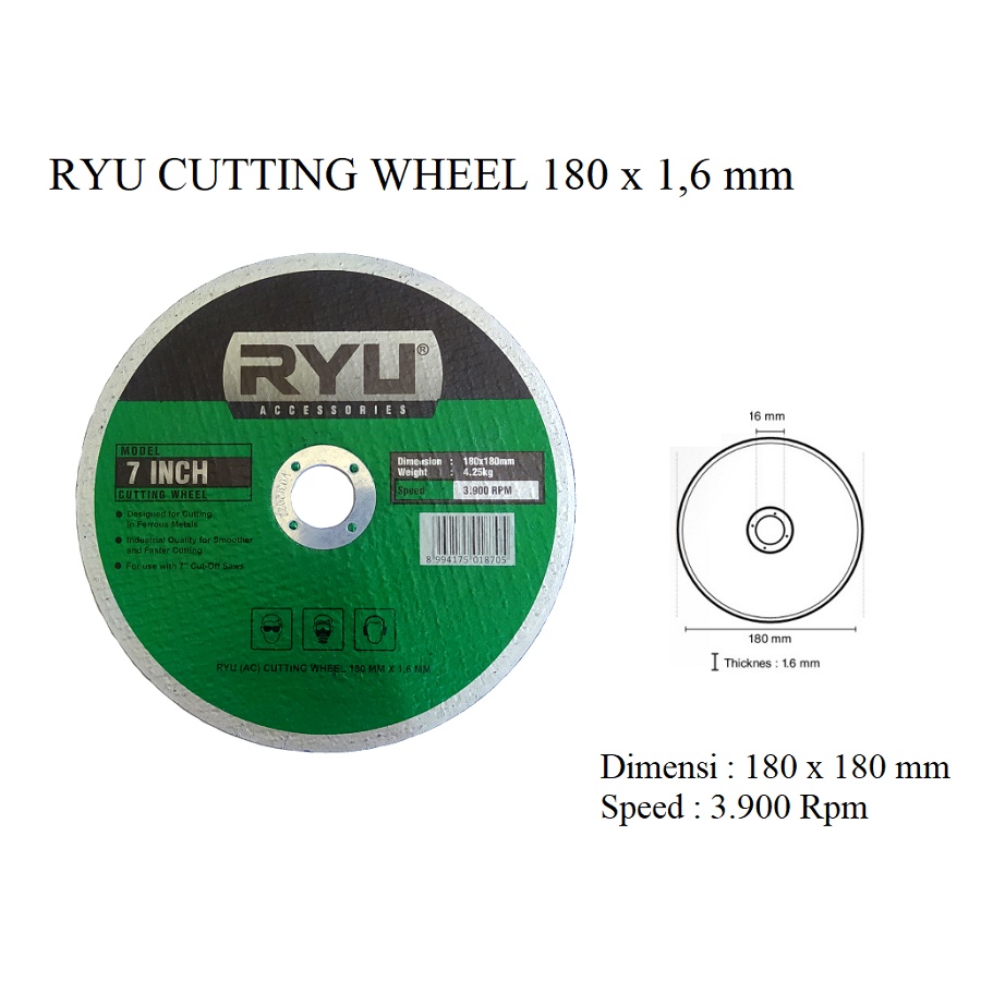 RYU Batu Potong Besi 7 inch 4 inch Cutting Wheel 180 mm x 1,6 mm / Cutting Wheel 7&quot; 4&quot; / Mata Gerinda 180 x 1,6 Mm / Pisau Potong Mesin Cut Offryu