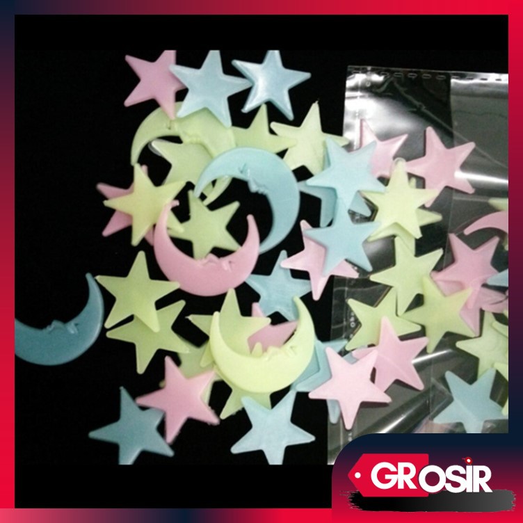 Grosir - H203 (100 pcs) Bintang &amp; Bulan Glow in the Dark Warna Warni / Stiker Dinding Bercahaya