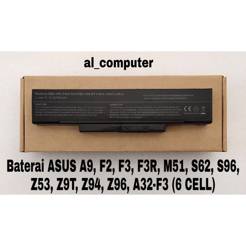 Baterai ASUS A9 F2 F3 F3R M51 S62 S96 Z53 Z9T Z94 Z96 A32-F3 (6 CELL)