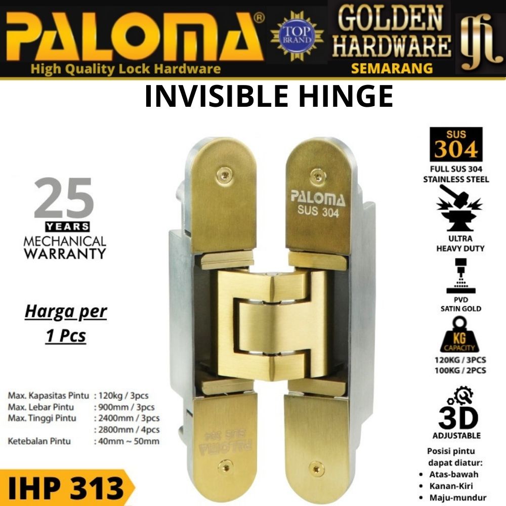 PALOMA IHP 313 INVISIBLE HINGE ENGSEL PINTU TANAM SUS 304 SATIN GOLD