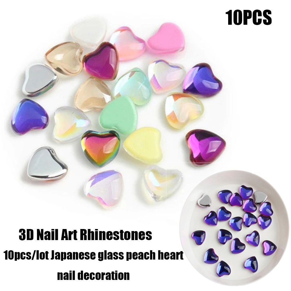 MXBEAUTY 10pcs/lot 3D Nail Art Rhinestones Peach Heart DIY Ornaments Heart-ShapedJewelry Charms Flat Diamond Manicure Accessories Fashion Glass Nail Art Decoration