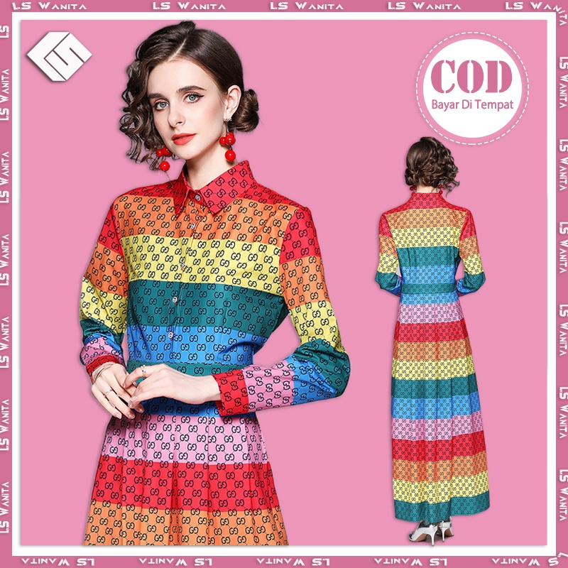 LS Muslim Dress Wanita Robe Vintage Print Motif Gamis Party Dress Baju Wanita