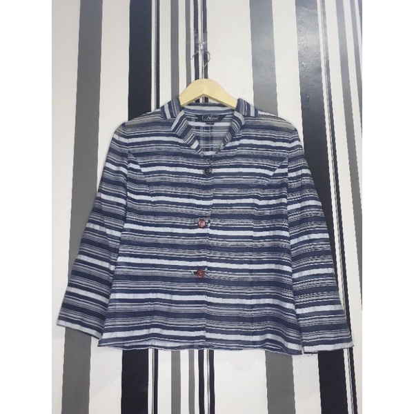 [IMP.] Blouse Outer Kancing Lengan Panjang Motif Salur / Stripe Garis Navy Putih - PTW42129