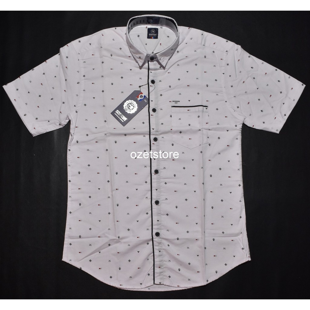 SCOTCH & CO Kemeja Pria Casual Lengan Pendek Putih Motif Modern Fit BY81 ORIGINAL
