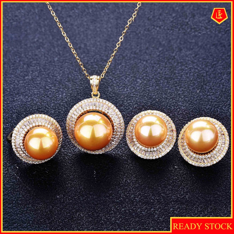 [Ready Stock]Luxury Full Diamond Pearl Necklace and Earring Suit