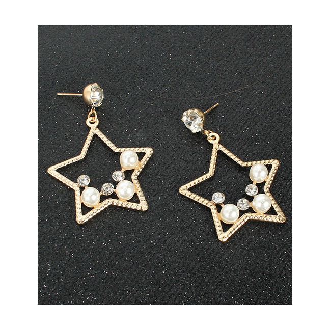 LRC Anting Tusuk Fashion Golden Imitation Pearl Alloy Five-pointed Star Diamond Earrings K44379
