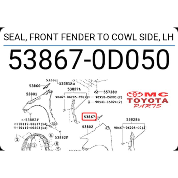 Karet Seal Samping Cowl Fender Depan Kiri New Vios Limo 53867-0D050