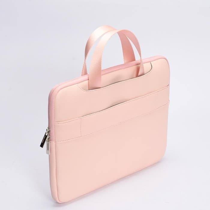 Tas Laptop Macbook Softcase Sleeve Handstrap PU Leather 13 14 inch pink