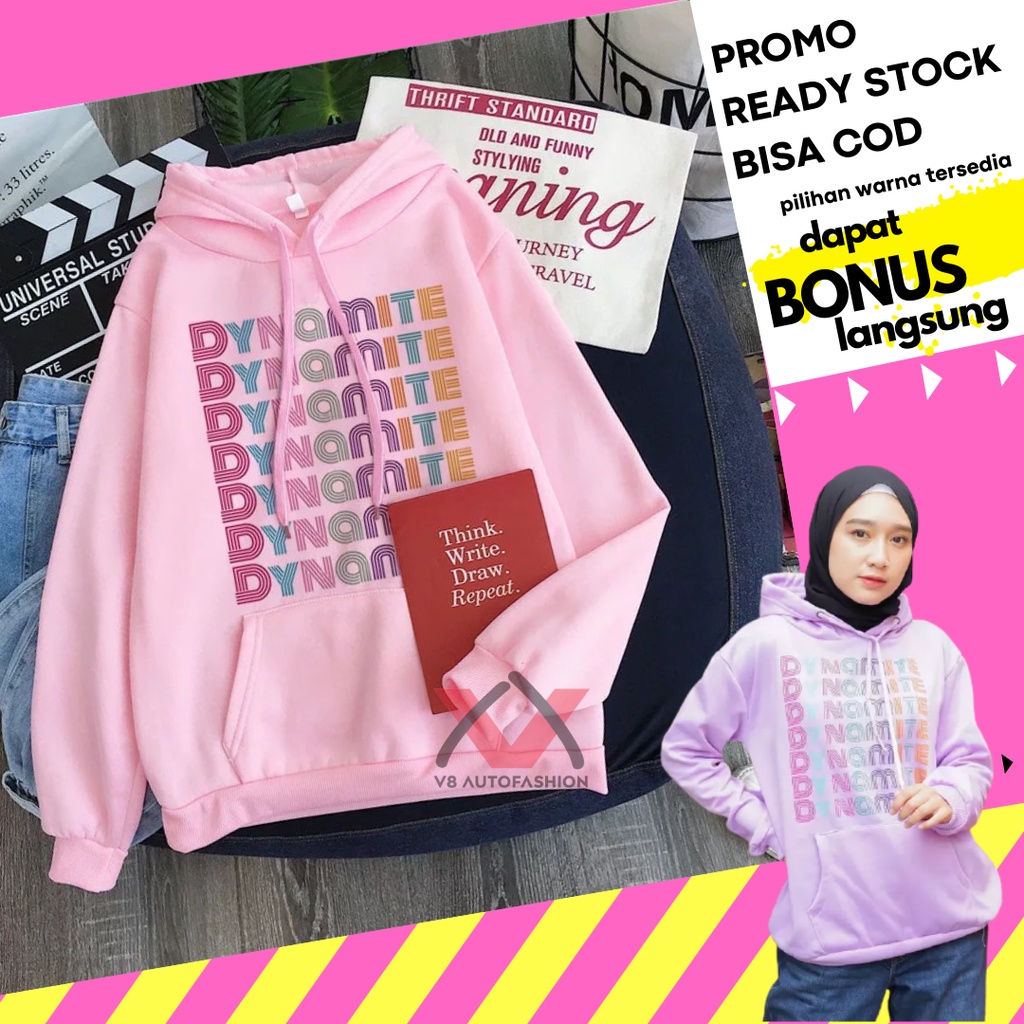 [BTS x V8AF] hoodie sweater DYNAMITE BT21 korea K pop style OVERSIZE fit to S/M/L warna pink / ungu