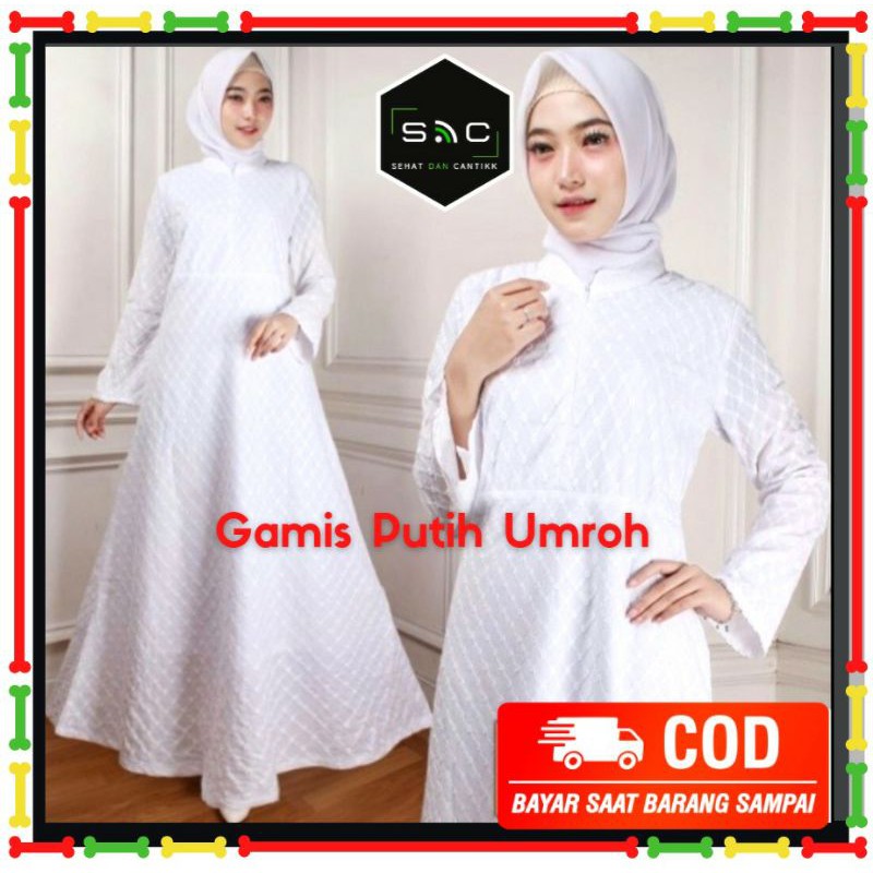 Baju Gamis Putih Katun Motif Bordir Resleting Depan Busui Model Klok Ujung Tangan Renda Seragam Umroh Haji Manasik Ibu Ibu Pengajian Busana Pakaian Muslimah