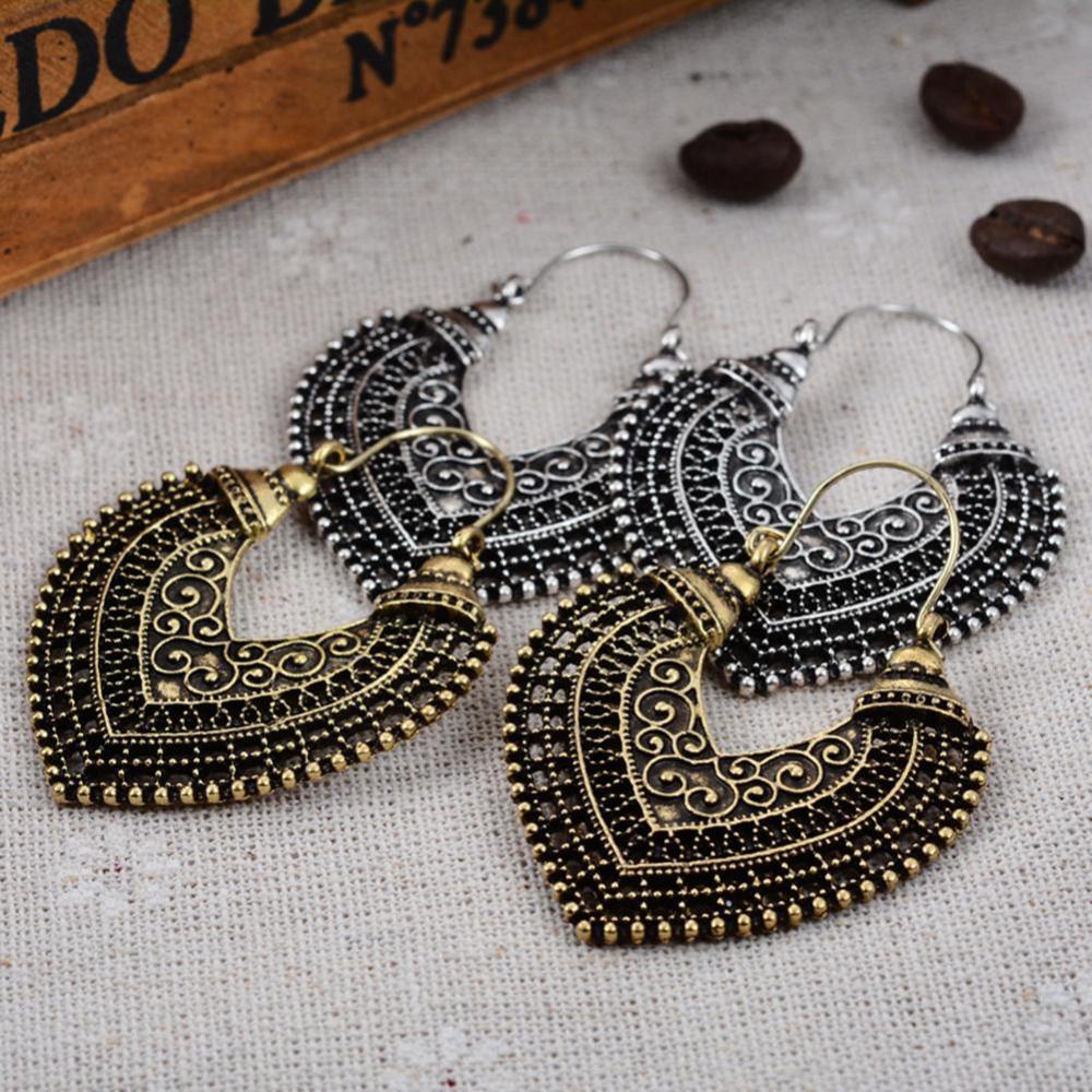 Timekey Anting Tusuk Gantung Bentuk Hati Ukiran Bunga Hollow Gaya Retro Bohemian Untuk Wanita A6K2