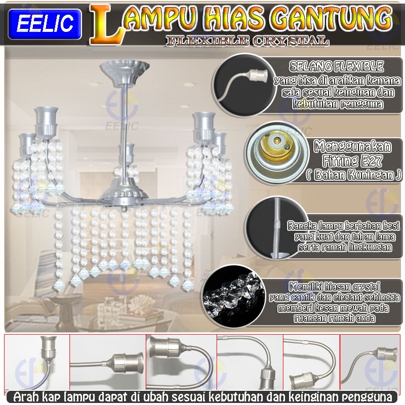 EELIC LHG-83 LAMPU HIAS GANTUNG CRYSTAL LIMA KAP SELANG FLEXIBLE DENGAN HIASAN MANIK CRYSTAL