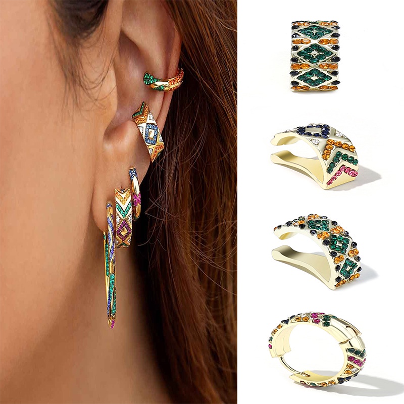 Retro Gaya Etnik Enamel Lingkaran Warna Diamond-studded Striped Ear Clip Earrings untuk Wanita