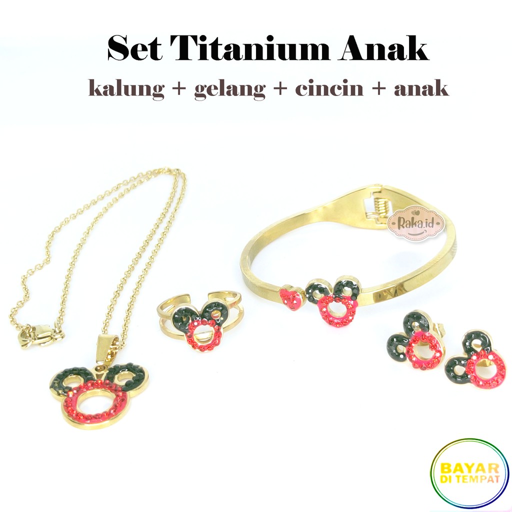 Paket Set Titanium Anak Kalung + Gelang + Cincin + Anting Mickey Hitam Merah 637