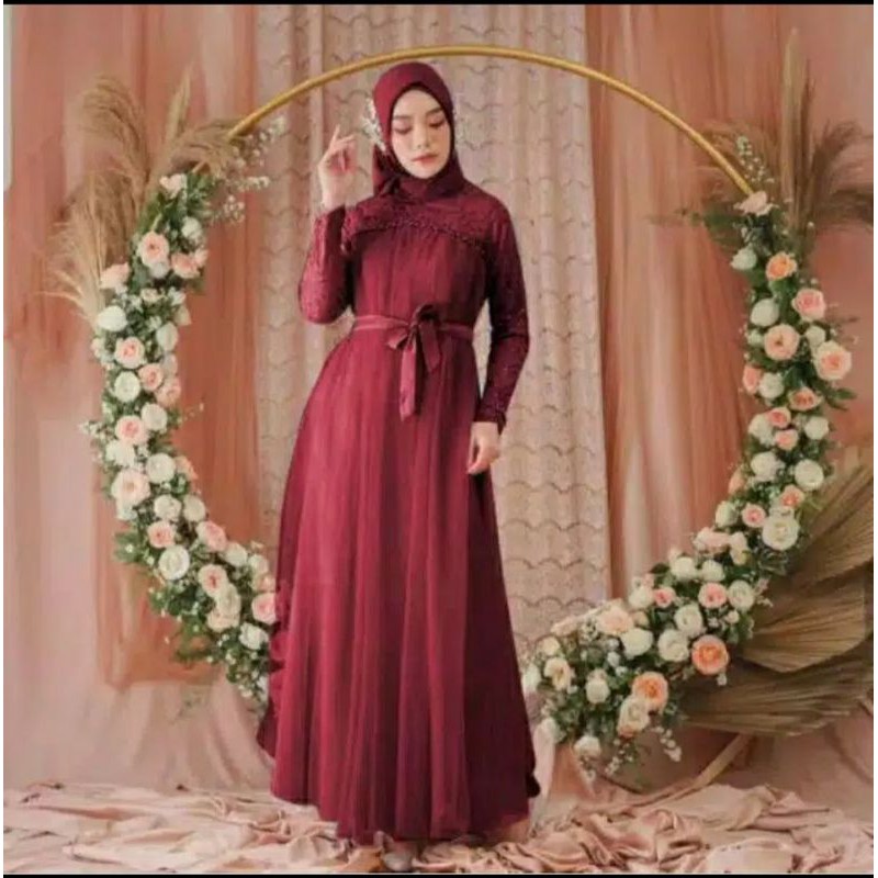 Alesha Fidella Maxi Dress  M - L - XL - XXL /  Gamis Kondangan / Gamis Bridesmaid/ Velvet Tebal Mix Brukat-Maroon