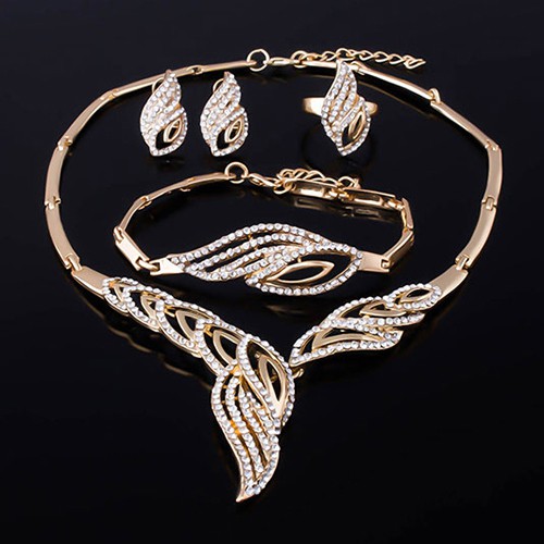Set Pernikahan Kalung Gelang Cincin Anting: Berlian Imitasi Model Bergelombang Untuk Pesta