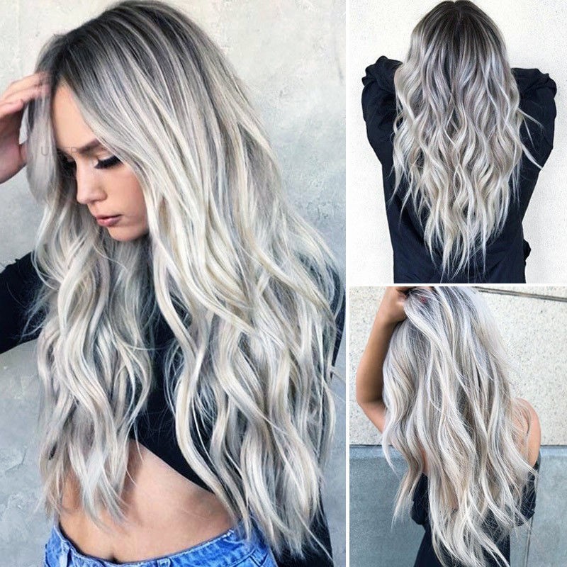 White Black Gray Ombre Wig Womens Long Curly Wavy Anime Wigs