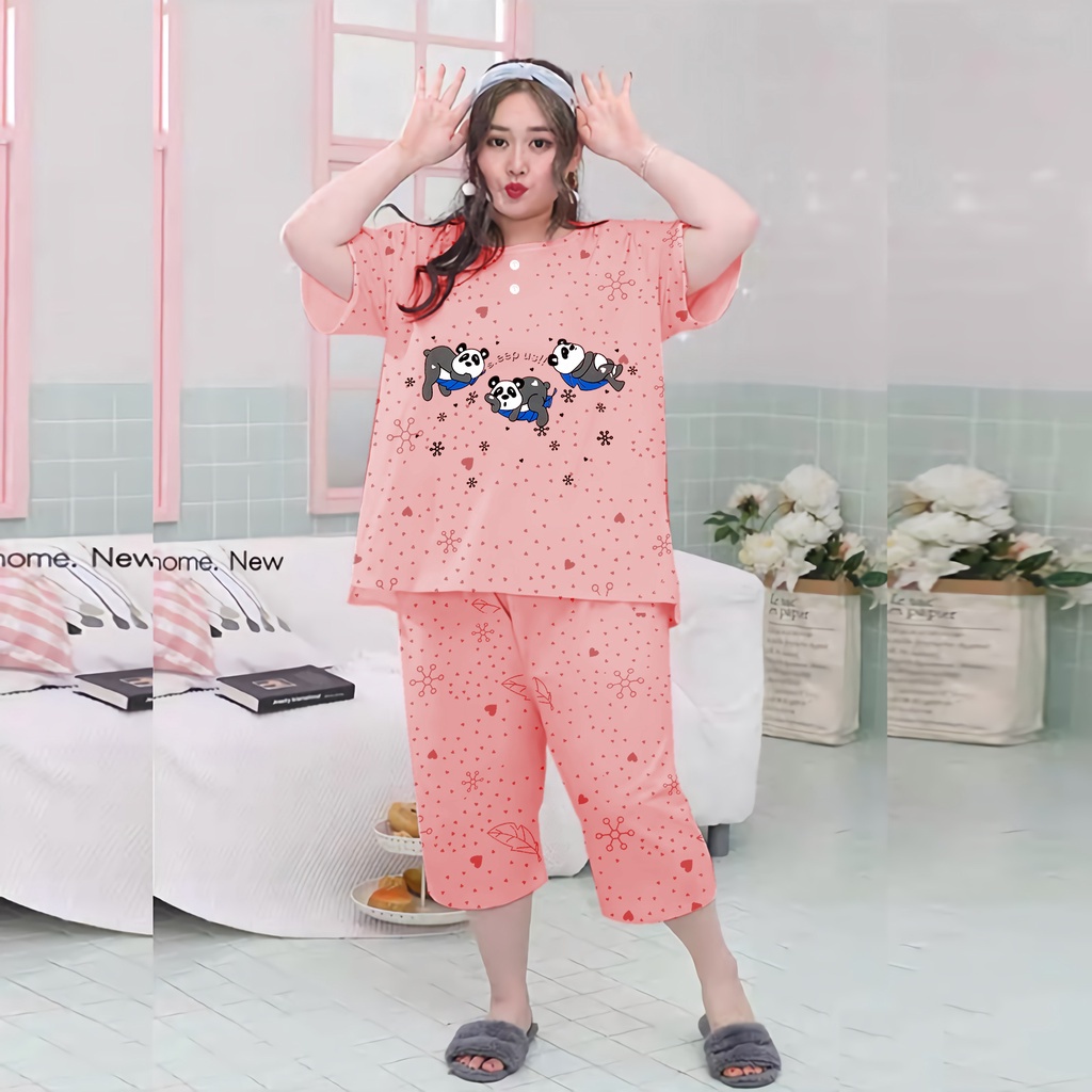 Lilipop.id  Baju Tidur Wanita Panda 3/4 Jumbo Celana Pendek XXXL Baby Doll Bahan Kaos