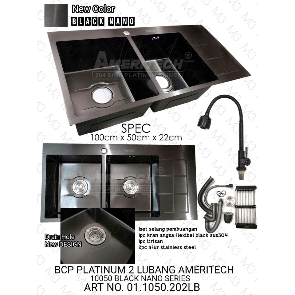 KITCHEN SINK STAINLESS PLATINUM BLACK 10050 / BCP 2 LUBANG (REGULER)