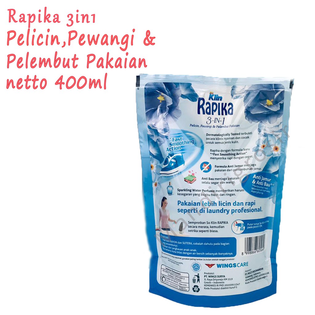 Pelicin,Pewangi&amp;pelembut pakaian *Rapika 3in1 * Sparkling water * 400ml