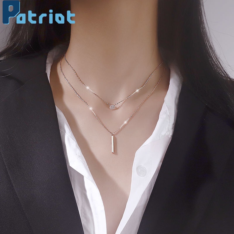 [ Women Double Layer Metal Square Pendant Necklace ] [ Elegant Golden Sliver Clavicle Necklace  ] [ Girls Chain Necklace ]