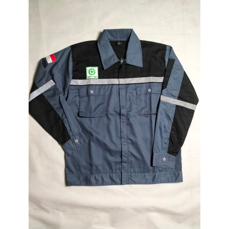 Kemeja Safety Wearpack | Baju Seragam Proyek Hitam Abu-abu