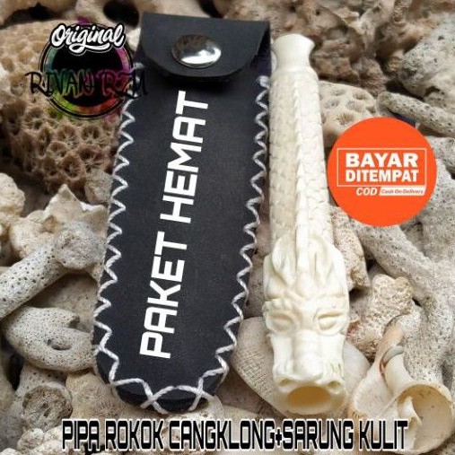 PAKET HEMAT PIPA ROKOK CANGKLONG TULANG SAPI UKIR NAGA 3D+SARUNG KULIT