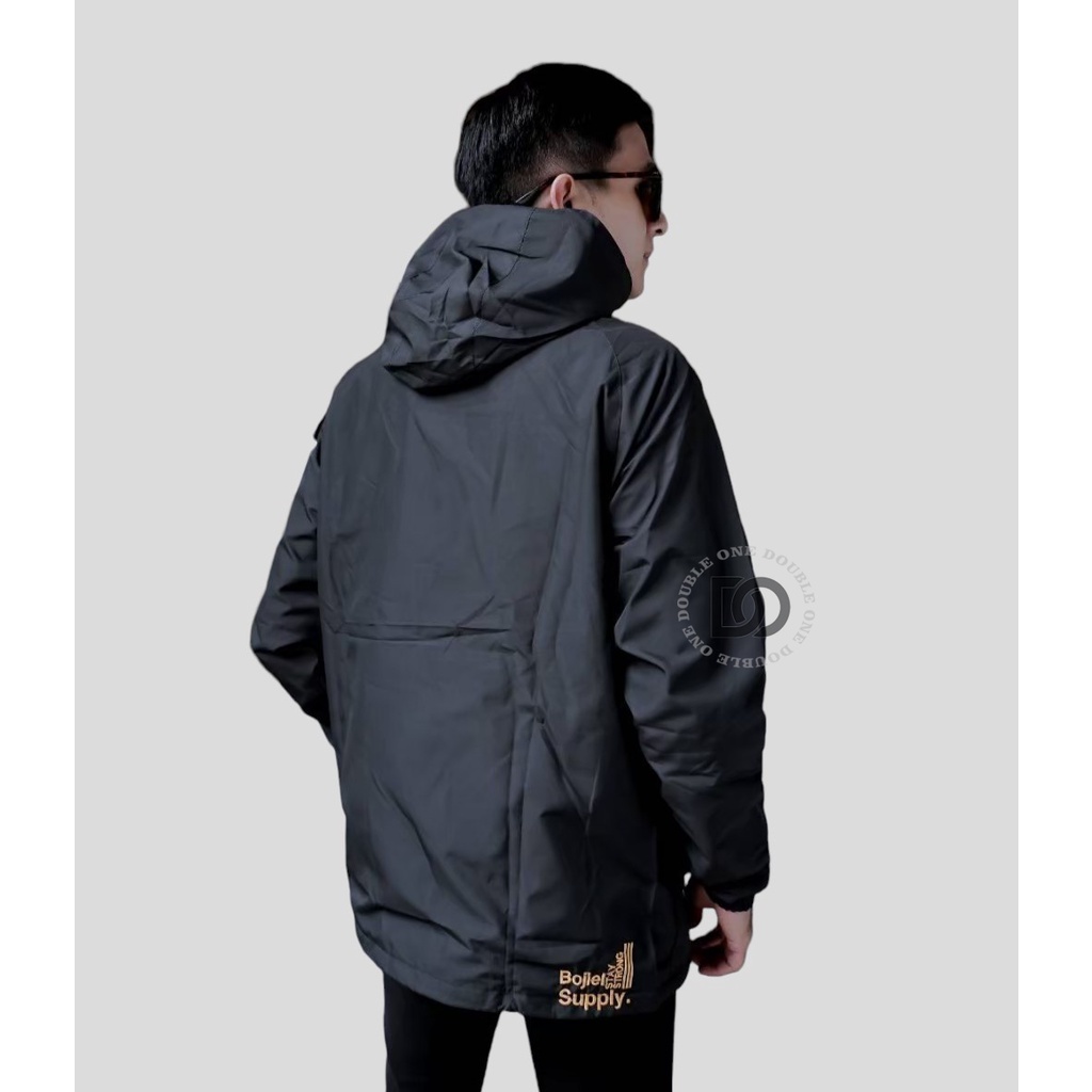 DOUBLE ONE - Jaket Hoodie Parasut Casual Reglan Original THE BOJIEL  / Jaket Taslan Pria / Jaket Waterproof Black