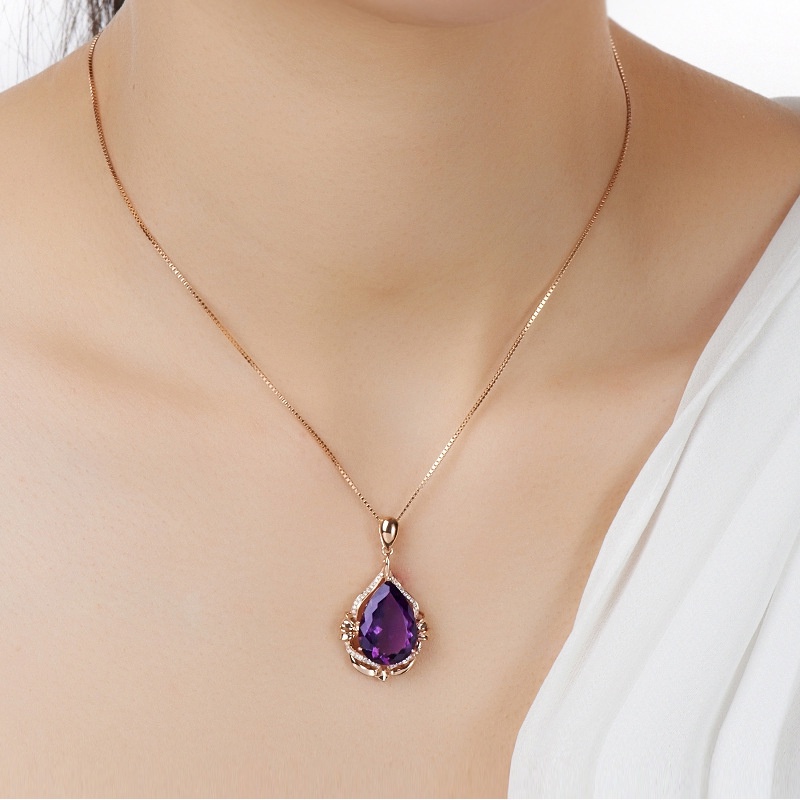 [Ready Stock]Fashion Inlaid Amethyst Hanging Luxury Micro Inlaid 18K Rose Gold Necklace