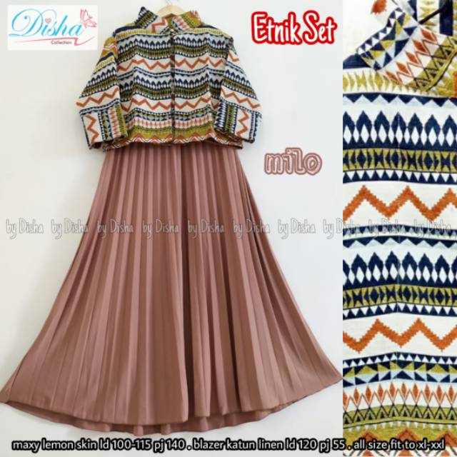 Etnik set gamis plisket dan blazer