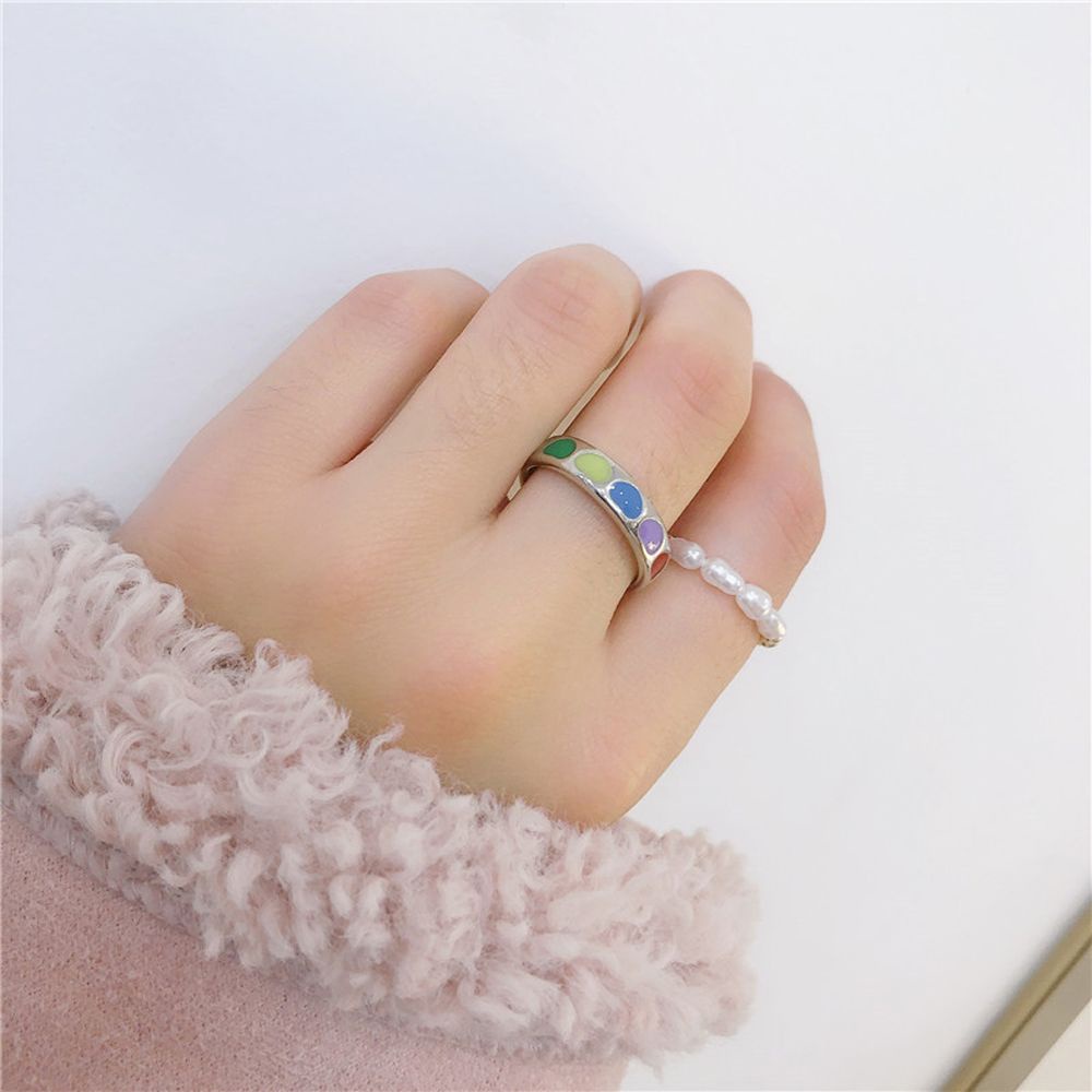 Needway  Korean Enamel Finger Rings Sweet Fashion Jewelry Rings Set Flower Moon Pearls Temperament Vintage For Women Dripping Oil