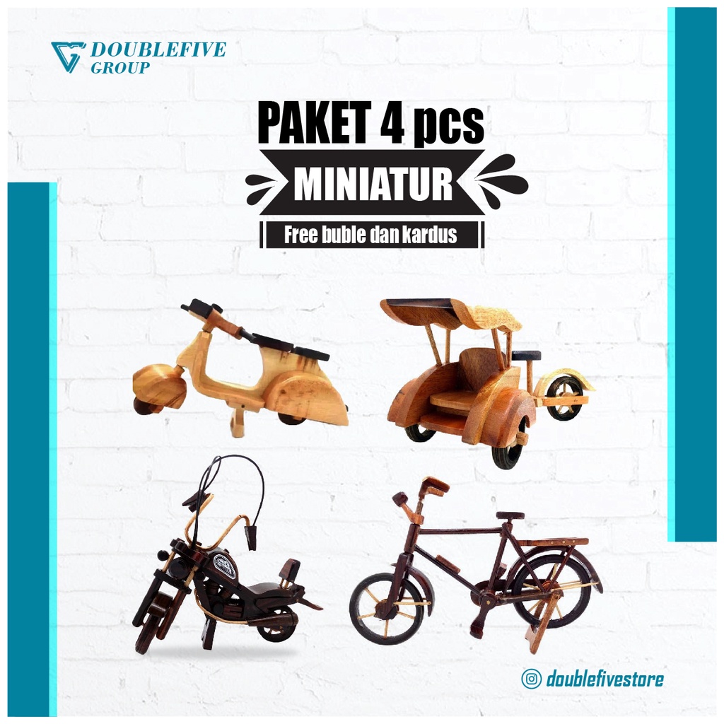 Miniature Paket G isi 4pcs - Miniatur dari kayu [Becak, Vespa, Harley, Sepeda]