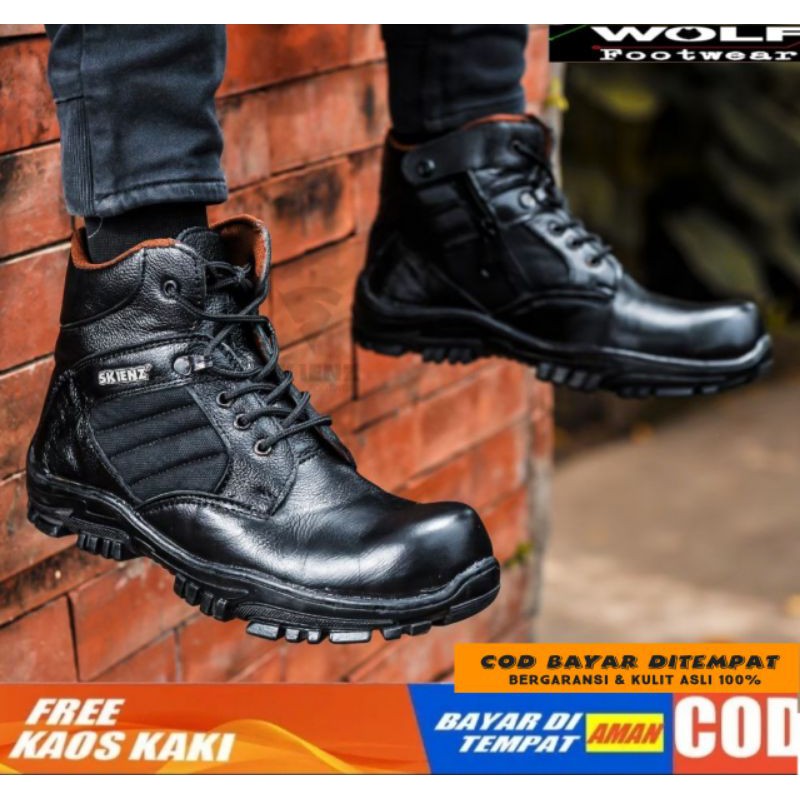 Sepatu Safety Boots Pria 100% Kulit Asli Biker Touring Boot Cordura Black JENGGEL SEMI FULL LEATHER