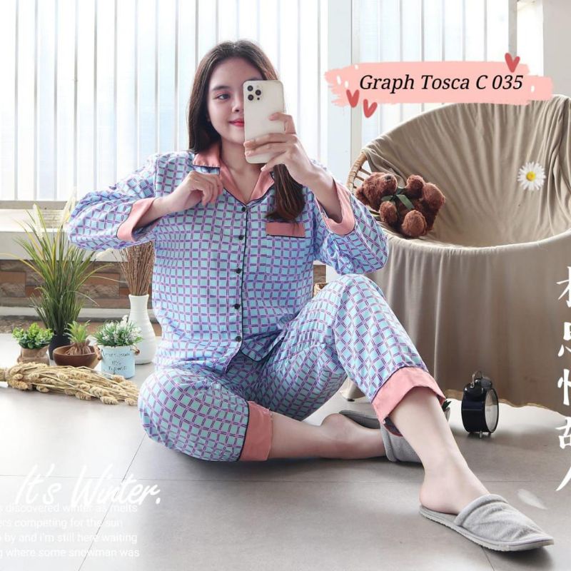 Piyama Wanita Lengan Panjang PP Motif Bunga Set Piyama Baju Tidur Wanita Remaja Baju Tidur ABG-Graph tosca