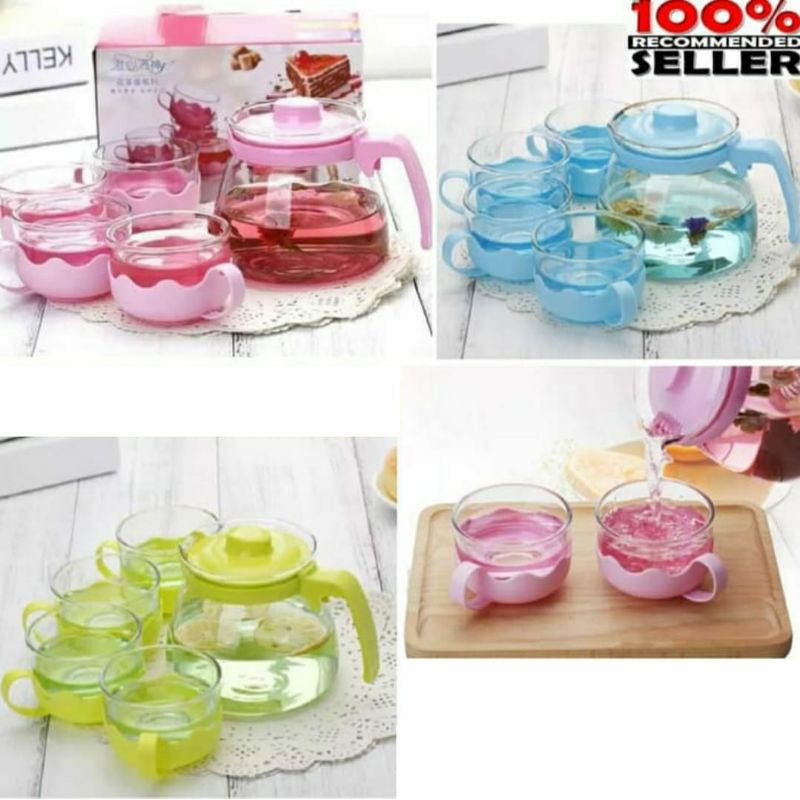 Teapot set 5in1 cantik sun glass paket teko gelas air minum
