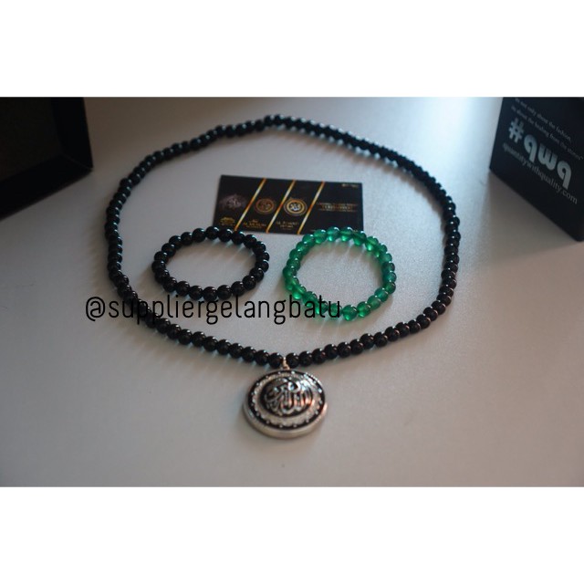 PROMO Kalung batu onyx ALLAHUAKBAR SILVER paket gelang giok muslim aksesoris fashionita pria wanita