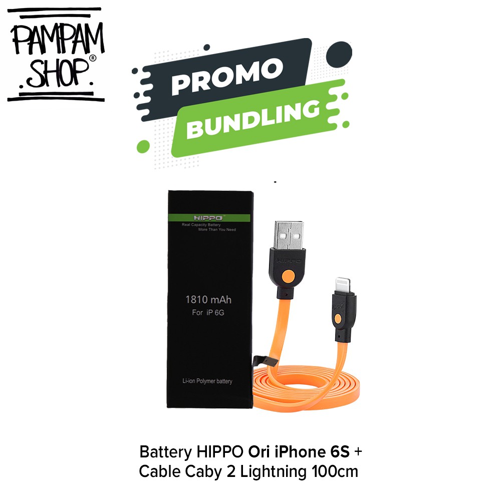 PAKET BUNDLING BATERAI HIPPO IPHONE 6S DAN CABY 2 LIGHTNING 100CM Double Power Original Batre Batrai