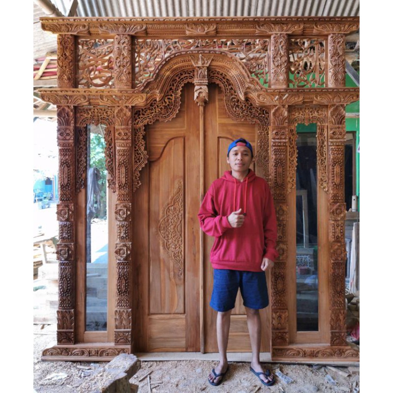 Pintu Ukiran Gebyok Jepara | Jendela Kaca dan Angin2 Kaligrafi | Bahan Dari Kayu Jati Solid Pilihan