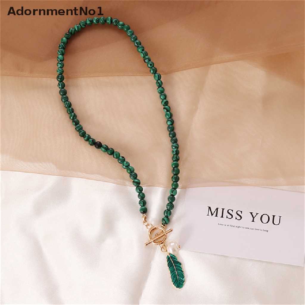 (AdornmentNo1) Kalung Rantai Liontin Daun Malachite Aksen Mutiara Imitasi Bahan Alloy Untuk Wanita