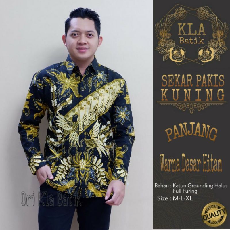 Kemeja Batik Lengan Panjang Pria SEKAR PAKIS PANJANG Warna Dasar Hitam Bahan Katun Halus Full Furing