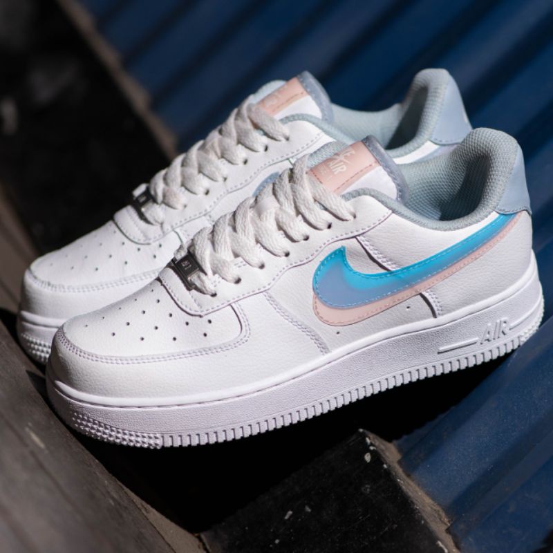 Sepatu Nk Air Force 1 GD Double Swoosh White Blue Peach Original OEM Sneakers Wanita