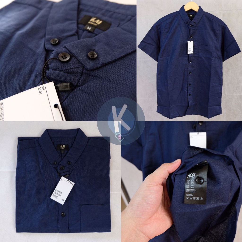 KEMEJA PRIA H&amp;M BASIC SHORT SLEEVE SHIRT COTTON RAMIE DARK BLUE ARMY GREEN WHITE BLACK SLIM FIT COTTON SHORT SKINNY FIT