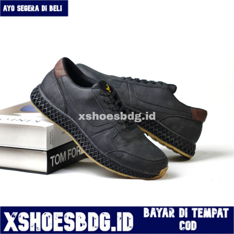 Xshoesbdg.id x Running Sepatu Casual Pria Sneakers Kasual Hitam Polos Cowo Kulit