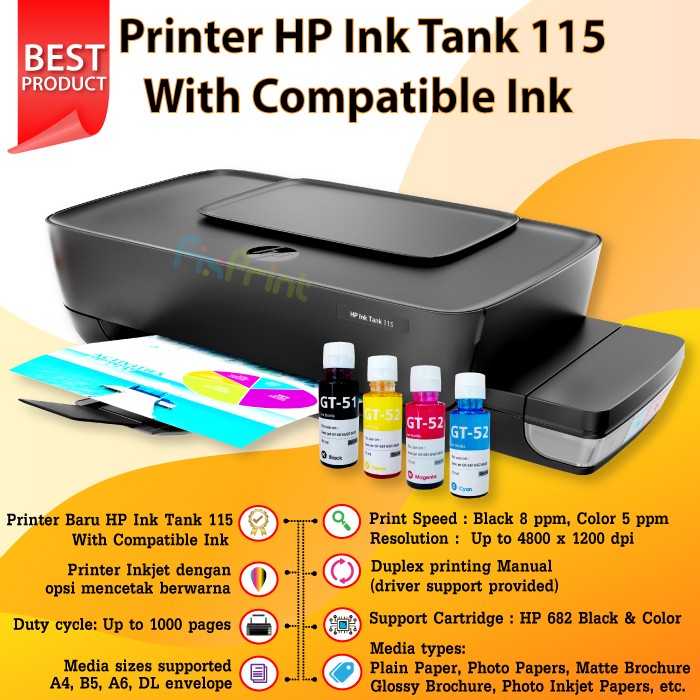 HP Ink Tank 115 Printer InkTank with Cartridge Tinta Infus GT51 GT52 FSB1579