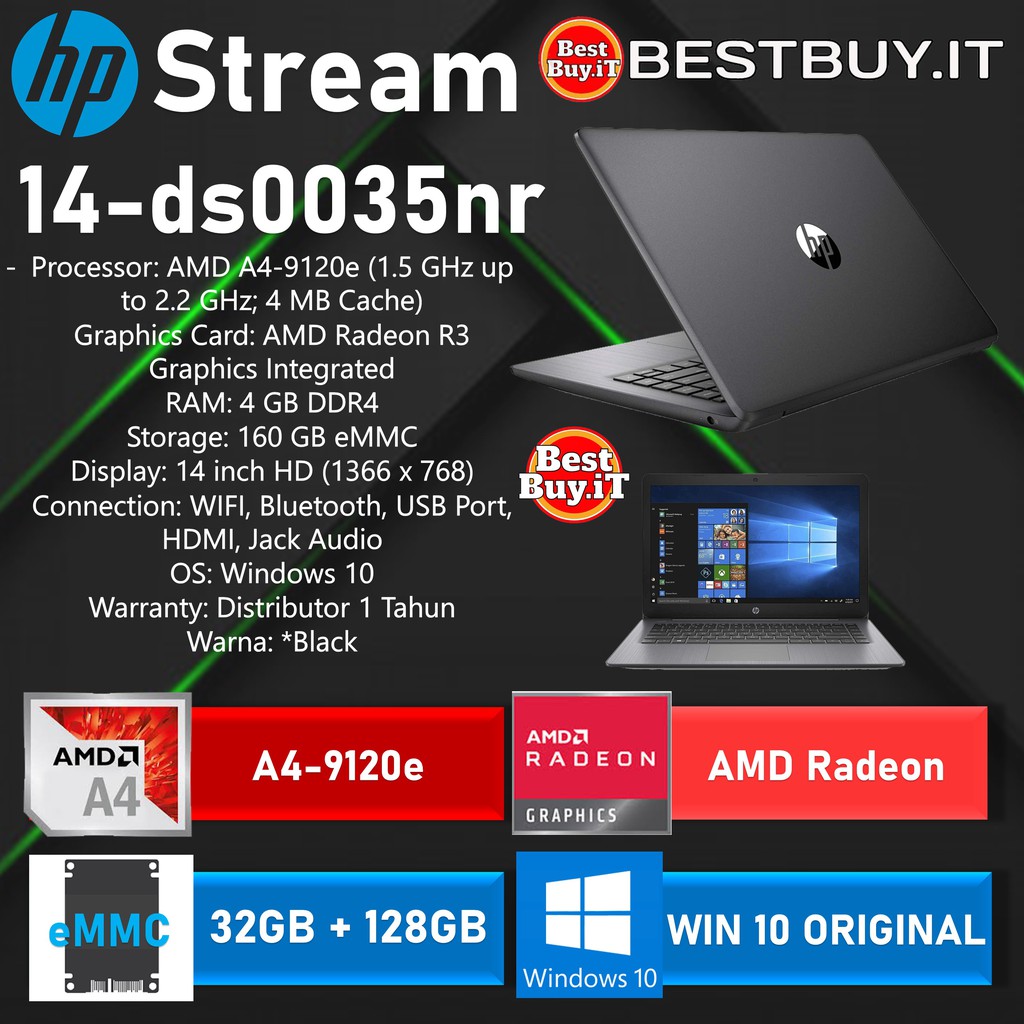 HP STREAM 14 AMD A4 9120E RADEON 3 4GB 160GB W10 BLACK -DS0035NR