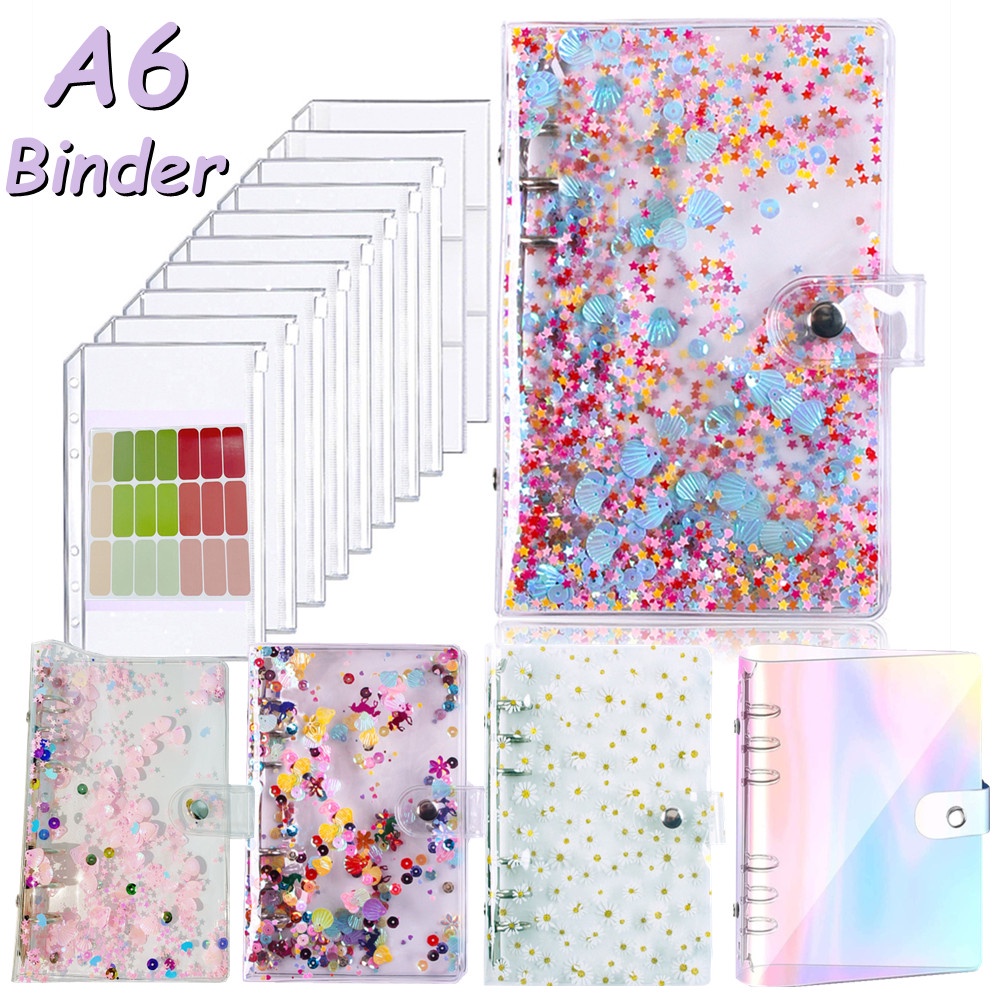 10pcs / Set Folder Loose Leaf Ukuran A6 Bahan PVC Aksen Glitter + Sequin Untuk Simpan Uang / Agenda