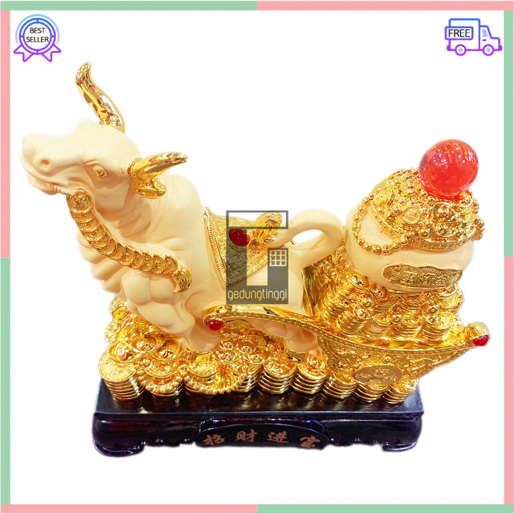 Pajangan Hiasan Patung Imlek Rejeki 12 Shio Kerbau Sapi Fengshui Lucky Uang Emas Gold Besar XL Resin