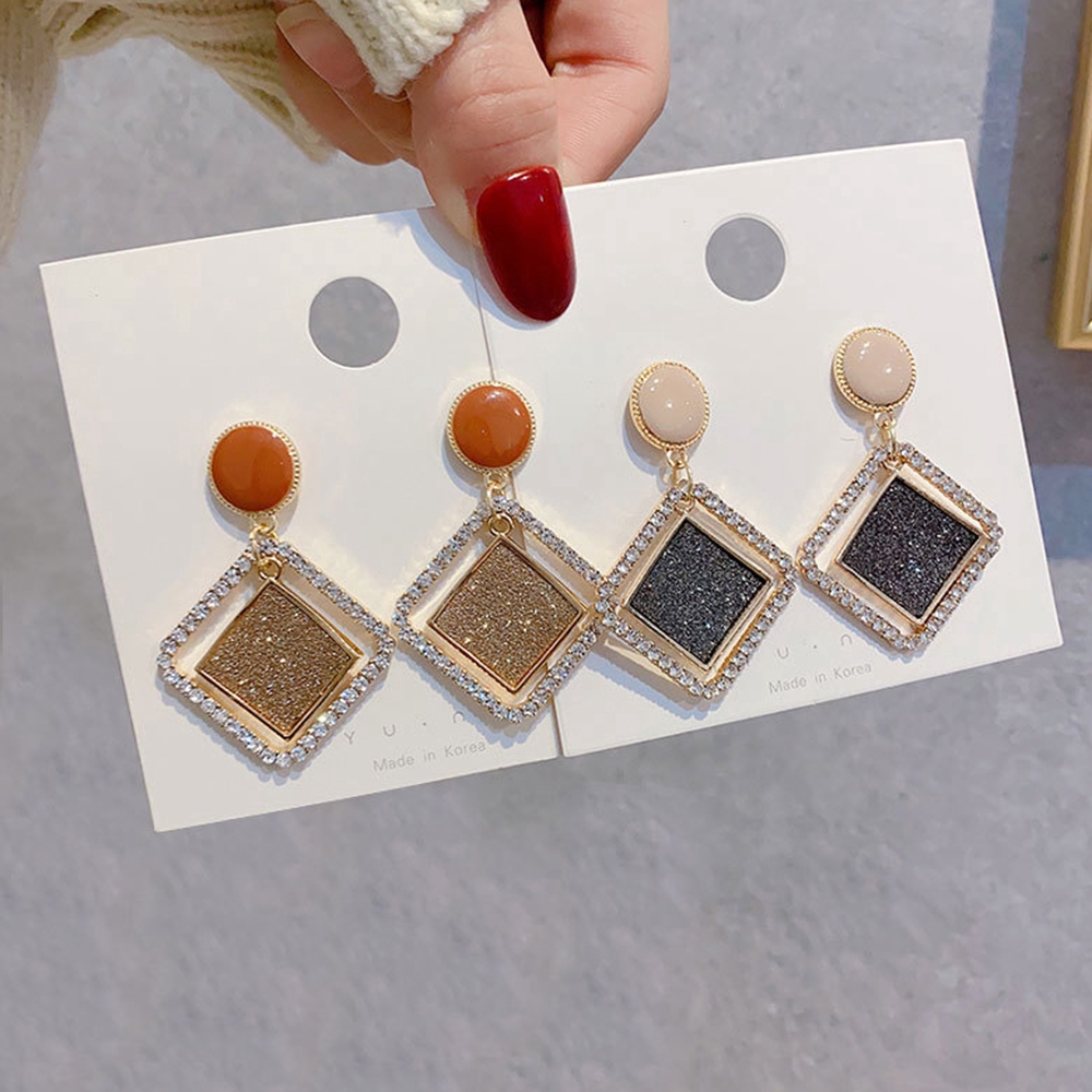 Bayar di tempat 1 Pair Alloy Geometric Frosted Bertekstur Berlian Potongan Berlian Anting-Anting Panjang Gaya-3