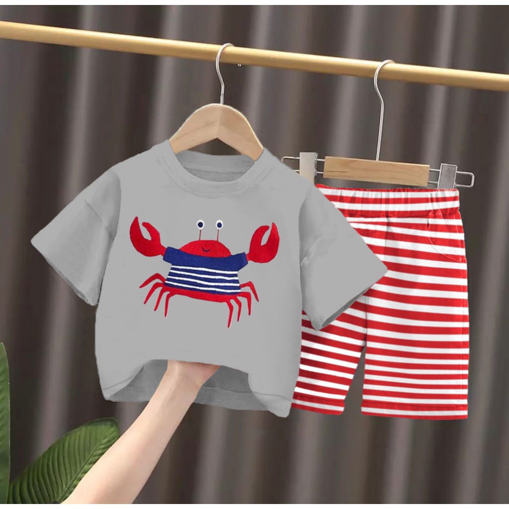 SETELAN ANAK BAJU KAOS KEPITING CELANA PENDEK UMUR 1-5 TAHUN